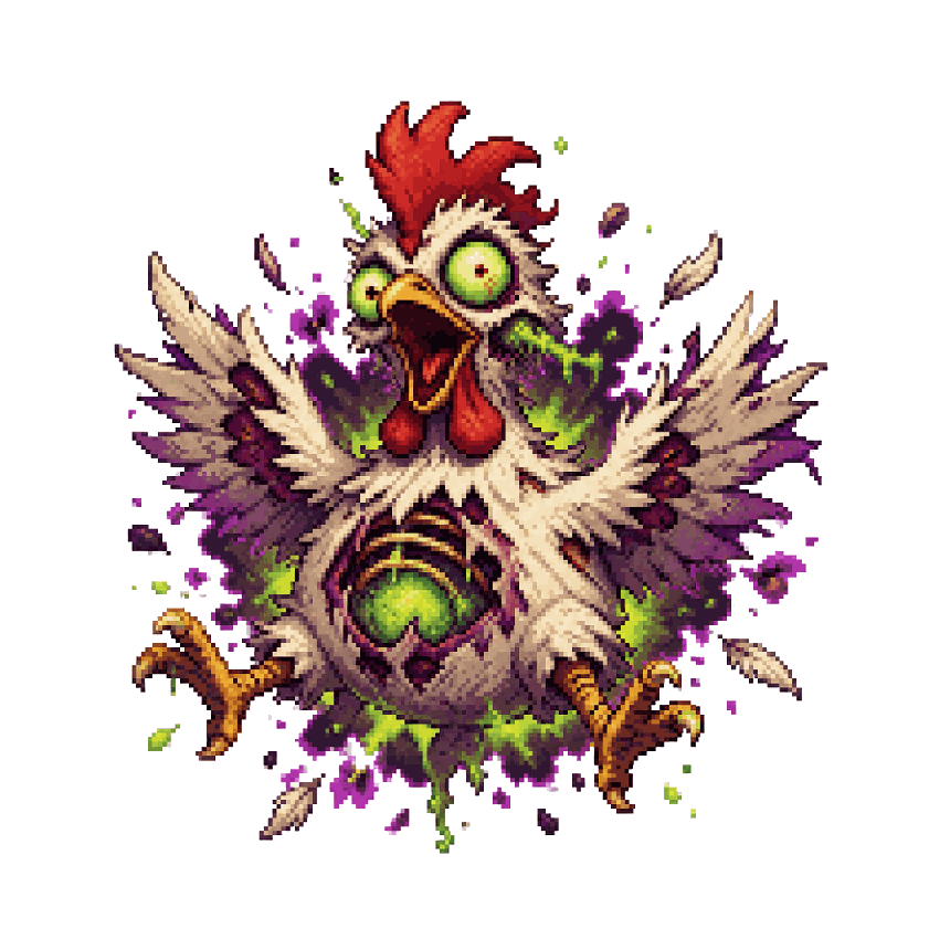 Zombie Chicken pixel art mascot — Zombival outbreak rooster with green infected eyes, red comb and ragged feathers
